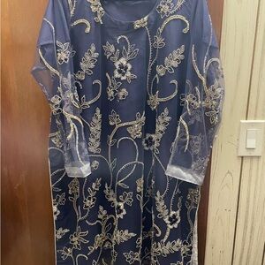 Elegant Navy Dress with Gold Embroidery